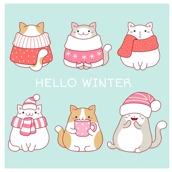 Bonjour Hiver Carte Voeux Noël Avec Quatre Chats Gras Mignons — Image vectorielle