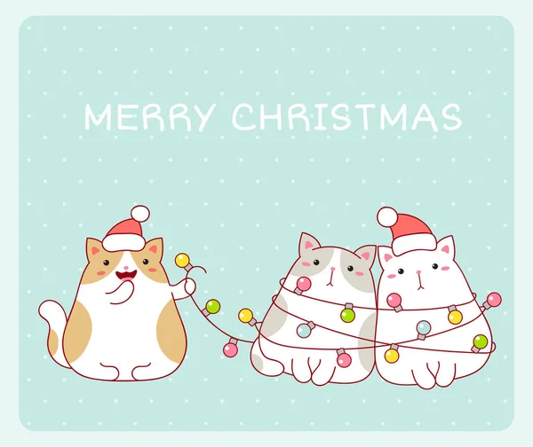 Merry Christmas Card Three Funny Fat Cats Wrapped Xmas Garland — Stock Vector