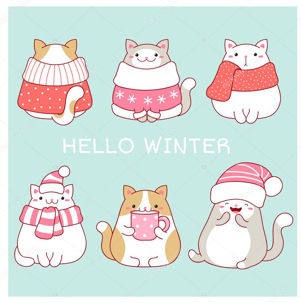 Hello winter. Christmas greeting card with four cute fat cats in scarves and hats. Six lovely cats in kawaii style on blue background. Vector EPS8