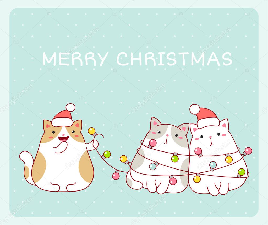 Merry Christmas card with three funny fat cats wrapped xmas garland