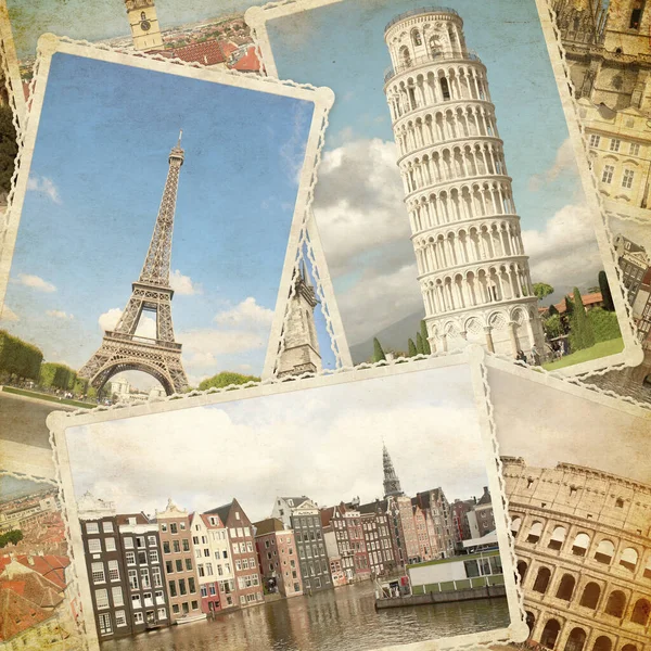 스퀘어 빈티지는 유럽의 랜드마크와 질감의 사진을 가지고 여행을 파리에 로마의 — 스톡 사진
