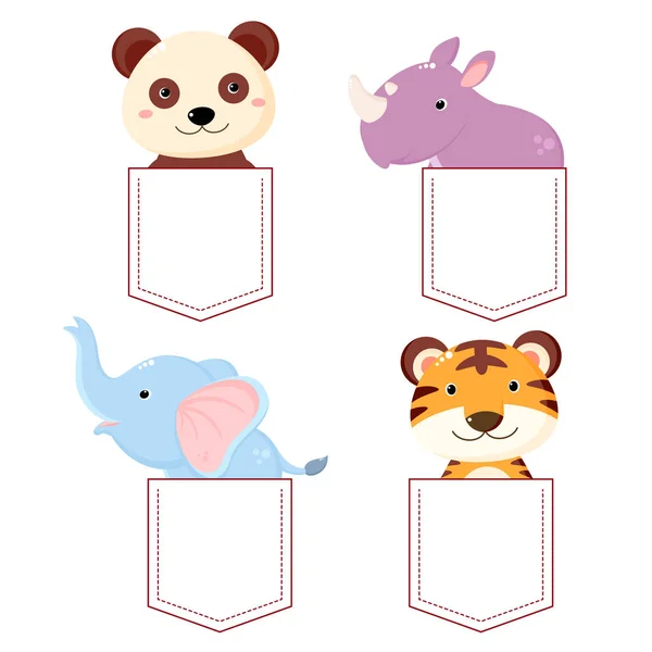 Lindo Animales Dibujos Animados Bolsillo Conjunto — Vector de stock