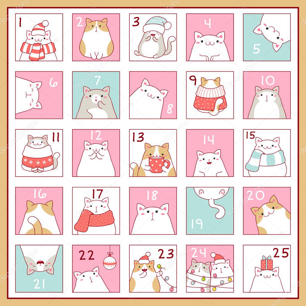 Square background with Christmas advent calendar with cute cartoon cats. Set of winter holiday xmas tags with numbers. Vector EPS8