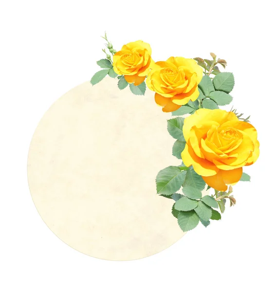 Sarı Çiçekli Bir Gül Dallı Retro Kart Güllü Klasik Yuvarlak — Stok fotoğraf