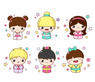 Kawaii tarzında şirin ikonlar. Geleneksel Japon oyuncak kimonolu Kokeshi bebeği koleksiyonu. Vektör illüstrasyonu EPS8  