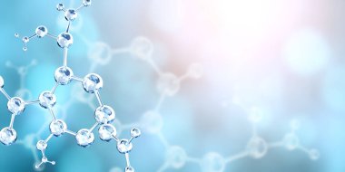 Mavi arka planda soyut moleküler yapının modelleri. Metnin için alanı kopyala. Şablon oluşturun. 3d hazırlayıcı