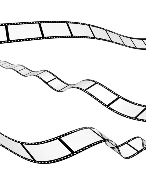 Набор старой ретро пленки с пустыми прозрачными рамками. Изолированный на белом фоне. Шаблон киноленты. Винтажный кино- и фотодизайн. 3D рендеринг