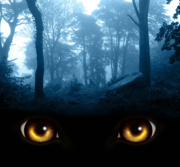 黄色の怪物の目と霧の森の神秘的な風景を燃焼 霧の風景と狼の目を持つ垂直ファンタジーの背景 — ストック写真