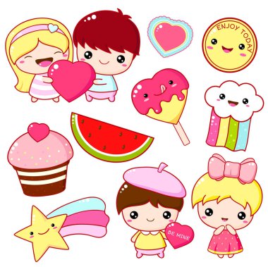 Kawaii tarzında sevgililer günü ikonları.