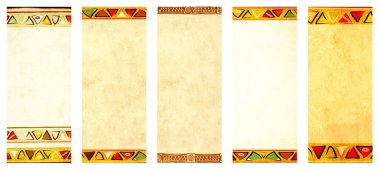 Dikey ya da yatay grunge arka plan seti. Etnik süslemeler ve eski kağıt dokusu. Kabile sanat çerçeveli pankart koleksiyonu. Şablon oluşturun. Metin için alanı kopyala