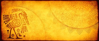 Sarı renkli grunge kâğıt desenli yatay arka plan ve balıkçıllı Amerikan geleneksel Hint desenleri. Şablon oluşturun. Metin için alanı kopyala