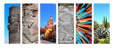 Meksika 'nın ünlü simgelerine sahip dikey pankart koleksiyonu. Mayalı kral Pakal 'ın, Queretaro' daki çan kulesinin, Tula 'daki Atlantis' in, bir Kızılderili şefinin başlığından tüyler, bir kaktüs ve sulu bir bahçe.
