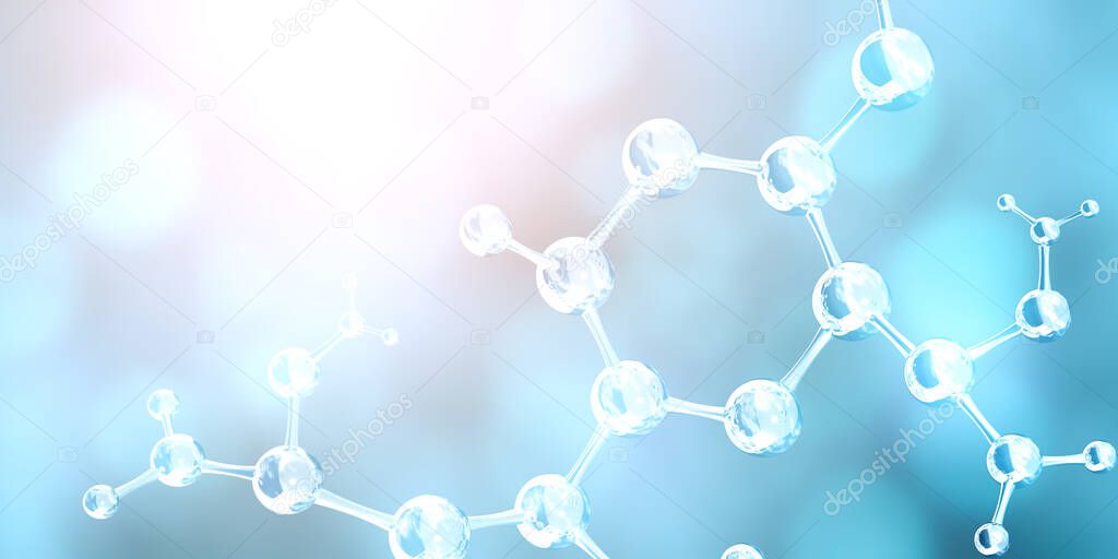 Models of abstract molecular structure on blue background. Copy space for your text. Mock up template. 3d render