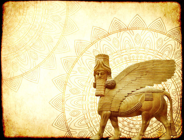 Grunge background with paper texture, zentangle mandala pattern and lamassu - human-headed winged bull statue, Assyrian protective deity. Copy space for text. Mock up template