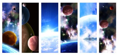 Gezegenleri, nebulası ve yıldızları olan dikey uzay pankartları. Bu görüntülerin elementleri NASA tarafından döşenmiştir. 3d hazırlayıcı