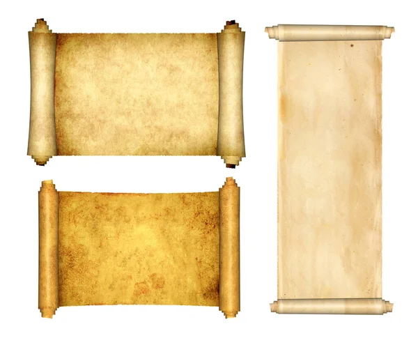 Raccolta Vecchie Pergamene Set Pergamene Medievali Isolato Sfondo Bianco Copia — Foto Stock