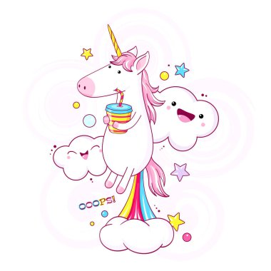 Gökkuşağı ve dumanla osuran şirin tek boynuzlu at poposundan fırlıyor.