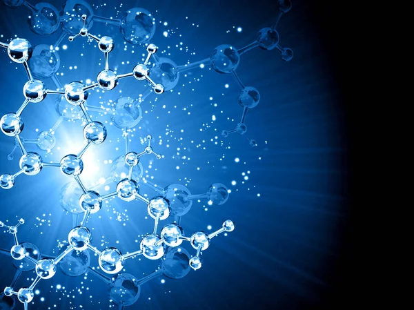 Modelos Estrutura Molecular Abstrata Faíscas Mágicas Douradas Fundo Azul Copie — Fotografia de Stock