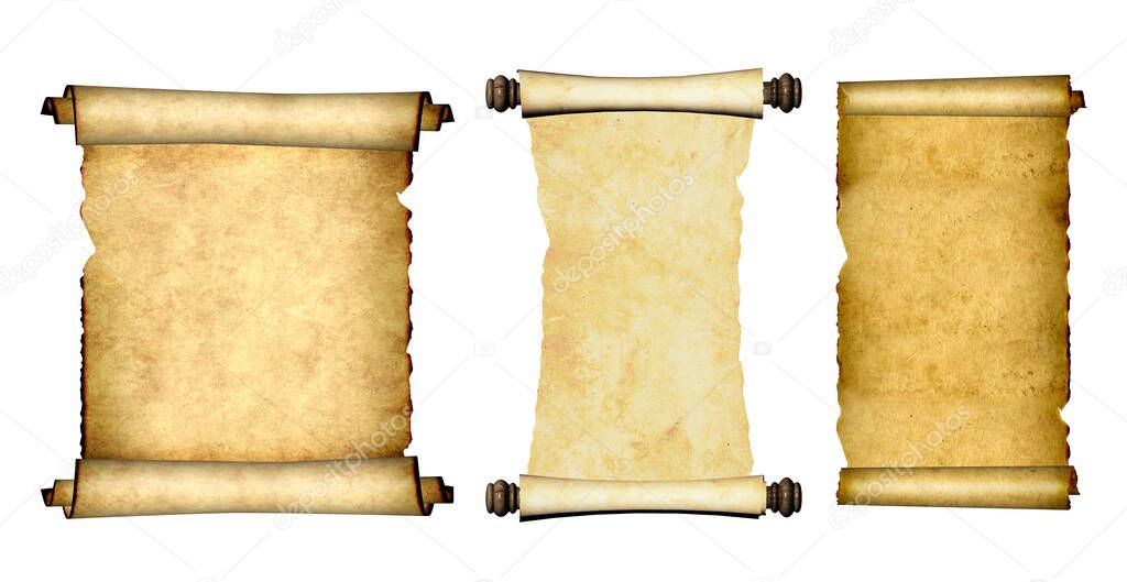 Collection of old parchments. Set of medieval scrolls. Isolated on white background. Copy space for your text. Mock up template. 3d render