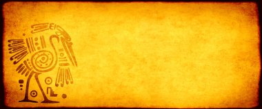 Sarı renkli grunge kağıt desenli arka plan ve balıkçıllı Amerikan geleneksel Hint desenleri. Şablon oluşturun. Metin için alanı kopyala