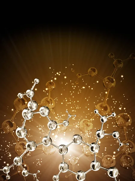 Modelos Estrutura Molecular Abstrata Faíscas Mágicas Douradas Fundo Marrom Copie — Fotografia de Stock