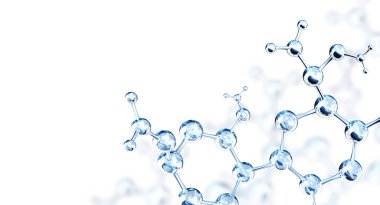 Soyut moleküler yapı modelleriyle birlikte yatay pankart. Beyaz arka planda izole edilmiş. Metnin için alanı kopyala. 3d hazırlayıcı