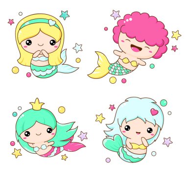 Kawaii tarzında deniz kızı simgeleri.