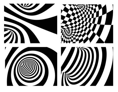 Soyut illüzyon. Siyah ve beyaz renklerin kareli ve çizgili dokusuna sahip geometrik arka plan koleksiyonu. 3d hazırlayıcı