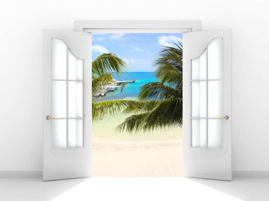 Kapıdan okyanus manzarası. Deniz manzaralı oda. Seyahat, tatil, tatil ve tatil konsepti. Kapıda güzel bir tropikal deniz manzarası var. 3d hazırlayıcı