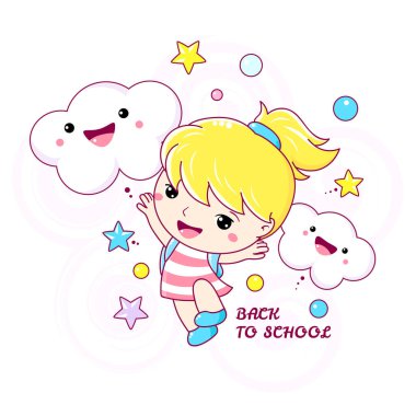 Okula dönelim. Sırt çantalı, gülümseyen küçük kız.