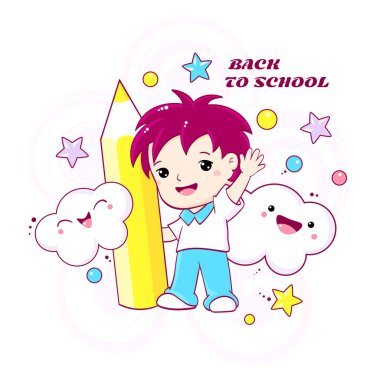 Okula dönelim. Kalemle gülümseyen küçük okul çocuğu