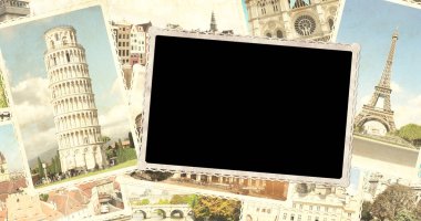 Avrupa 'nın simgelerinin geçmişe dönük fotoğraflarını içeren klasik seyahat geçmişi. İçinde eski fotoğraflar olan yatay afiş. Şablon oluşturun. Metin için alanı kopyala