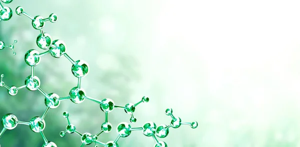 Modelos Estrutura Molecular Abstrata Sobre Fundo Verde Banner Horizontal Com — Fotografia de Stock