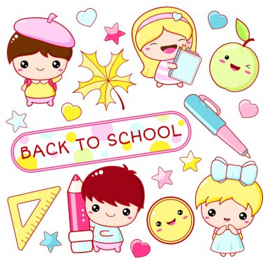 Okula dönelim. Kawaii tarzında vektör eğitim simgeleri. Sırt çantası, elması, kitabı, kalemi olan kız ve oğlanlarla dolu çıkartmalar. EPS8