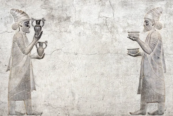 Стародавня Стіна Барельєфом Двома Іноземними Послами Подарунком Пожертвою Персеполіс Іран — стокове фото