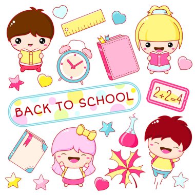 Okula dönelim. Kawaii tarzında vektör eğitim simgeleri. Çıkartmalar sırt çantalı bir kız ve oğlan, sonbahar akçaağaç yaprağı, kitap, matara, çalar saat, EPS8