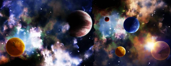 Horizontal galaxy banner. A beautiful space scene with sun, planets and nebula. Elements of this image furnished by NASA. 3d render
