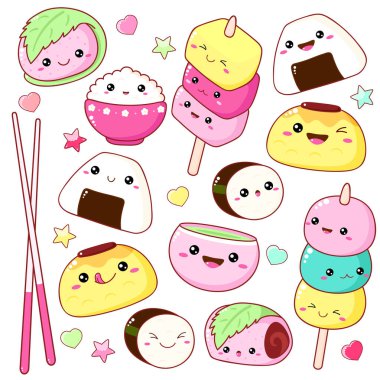 Kawaii tarzında şirin suşi ve rulo simgeleri.