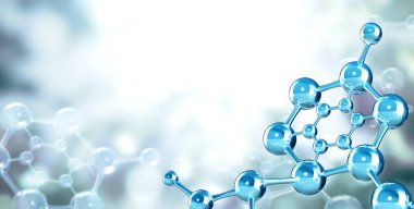 Mavi arka planda soyut moleküler yapının modelleri. Molekülün cam modeliyle birlikte yatay pankart. Metnin için alanı kopyala. Şablon oluşturun. 3d hazırlayıcı