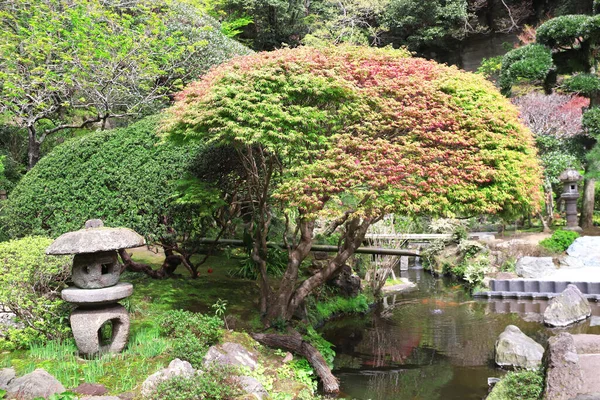 鎌倉の長谷寺の石灯籠と池 — ストック写真