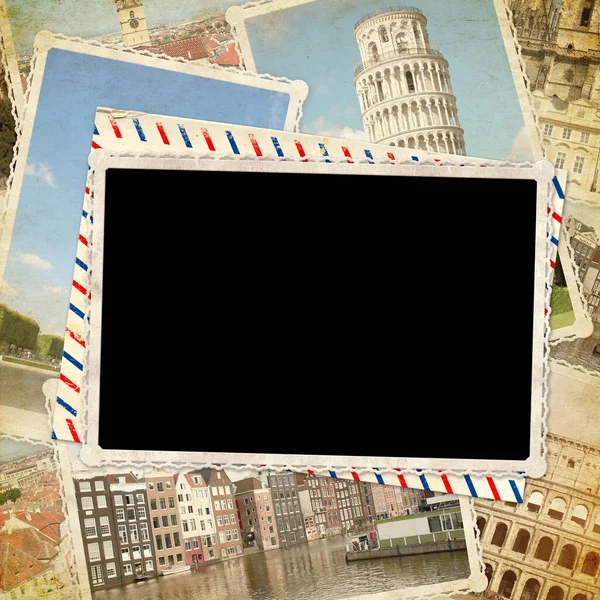 Fondo Viaje Vintage Con Fotos Retro Monumentos Europeos Banner Horizontal — Foto de Stock