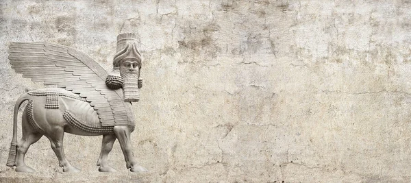 Grunge Achtergrond Met Stenen Textuur Lamassu Menselijk Gevleugeld Stierenbeeld Assyrische — Stockfoto