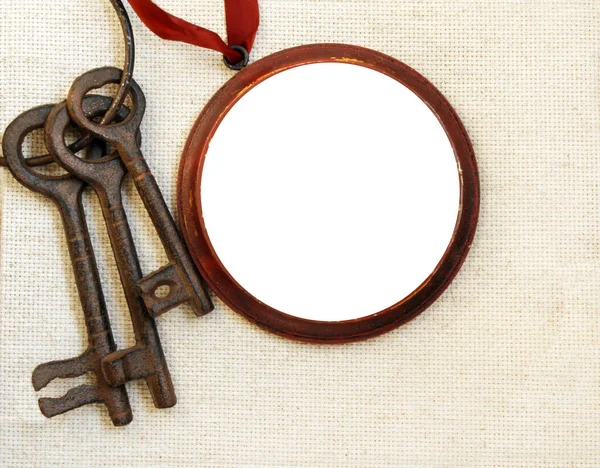 Retro Background Old Keys Wooden Frame Canvas Texture Vintage Backdrop — Stock Photo, Image