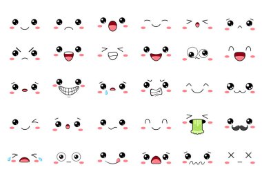 Farklı ruh hallerine sahip bir takım Kawaii emoticonları.