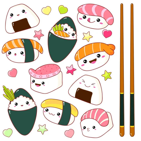 Ensemble Sushis Mignons Rouleaux Icônes Dans Style Kawaii — Image vectorielle