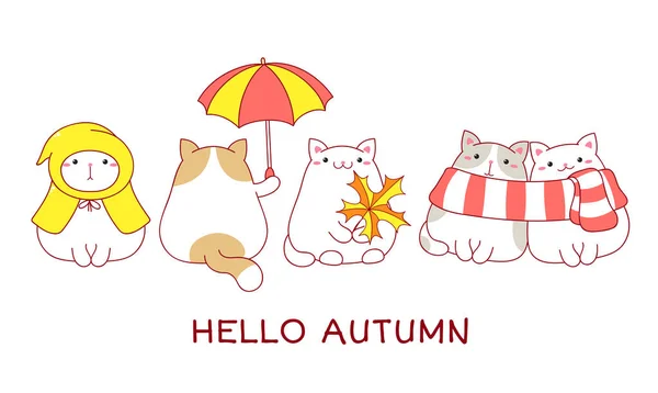 Hello Autumn Fall Collection Cute Fat Cats — Stock Vector