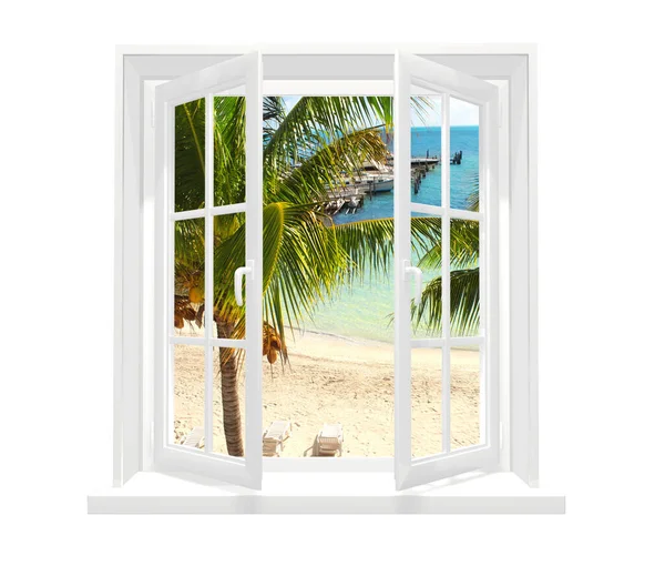 Blick Auf Das Meer Durch Das Fenster Zimmer Mit Meerblick — Stockfoto