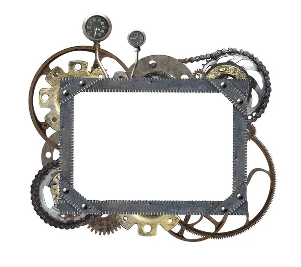 Metallic Square Frame Vintage Machine Gears Retro Cogwheel Isolated White — Stock Photo, Image