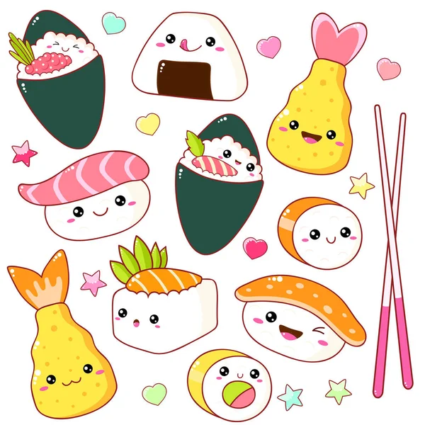 Zestaw Cute Sushi Rolki Ikony Stylu Kawaii — Wektor stockowy