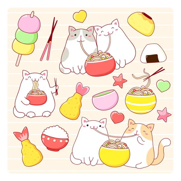 かわいい太った猫のカップルがラーメンを食べる — ストックベクタ